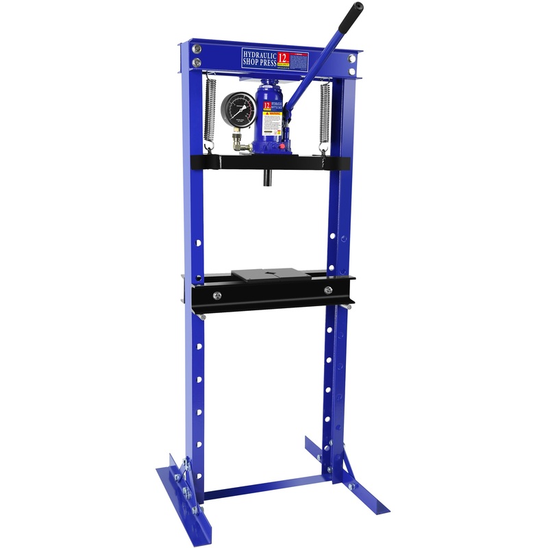 12 Ton Steel H-Frame Hydraulic Shop Press with Stamping Plates Pressure Gauge Install Bearings and U-Joints–Blue