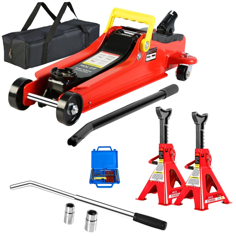 2 Ton Low Profile Floor Jack + 3 Ton Jack Stand Tire Repair Kit L-Wrench Heavy Duty Steel with Single Piston Quick Lift Pump Lifting Range 3.3-15.2