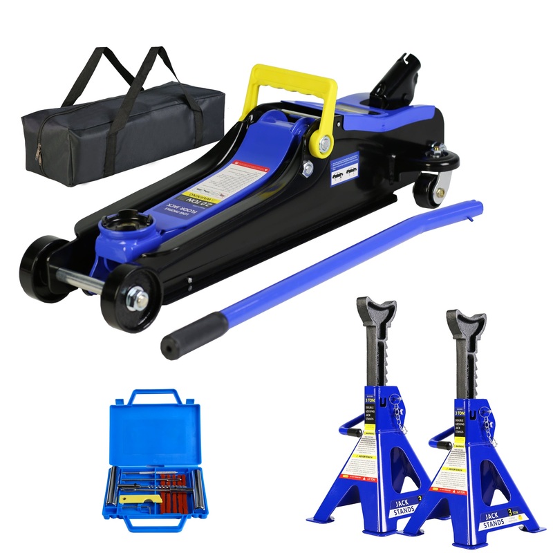 2 Ton Low Profile Floor Jack 3t Stand Tire Repair Kit Heavy Duty Steel Racing with Single Piston Quick Lift Pump Lifting Range 3.3-15.2