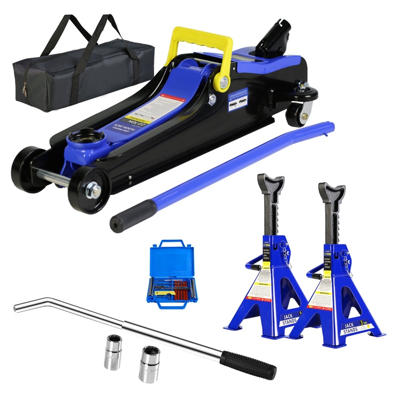 2 Ton Low Profile Floor Jack 3t Stand Tire Repair Kit L-Wrench Heavy Duty Steel Racing with Single Piston Quick Lift Pump Lifting Range 3.3-15.2