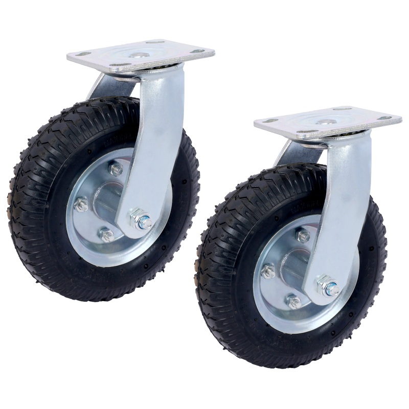 2PCS 8IN Pneumatic Tire Caster Wheel Swivel Plate Steel Hub with Ball Bearings 5/8-Inch Bore Centered Axle Black