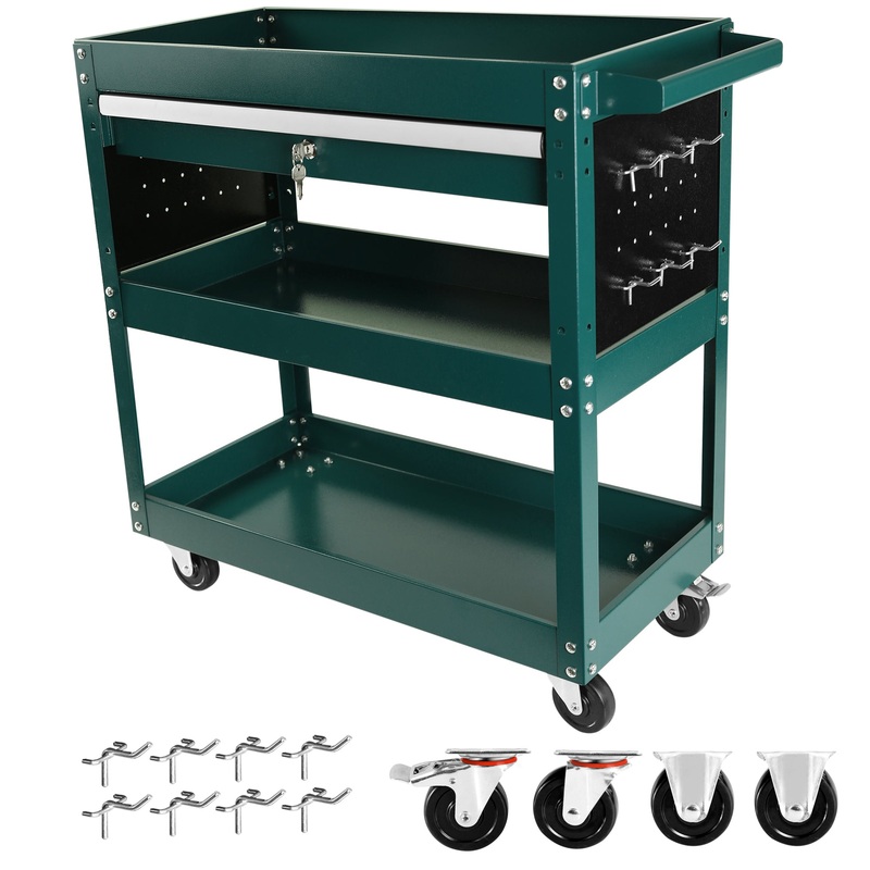 3 Tier Rolling Tool Cart Heavy Duty Utility Organizer with Storage Drawer–Green