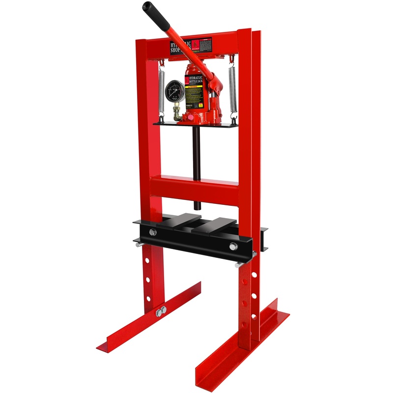 6 Ton Hydraulic Shop Floor Press with Pressure Gauge H-Frame with Steel Plates Adjustable Working Table–Red