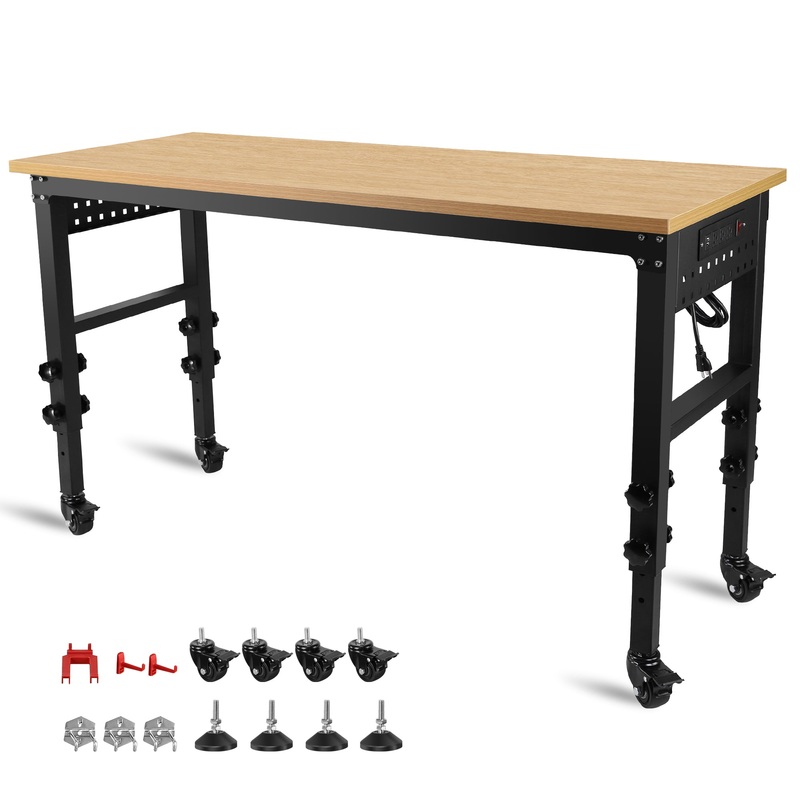 60 24” Adjustable Workbench Heavy-Duty with Power Outlet and Wheels Large Load Capacity Rubber Wood Top