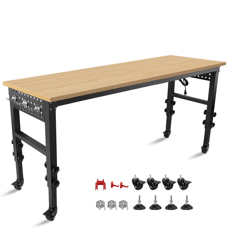 72 24” Adjustable Workbench Heavy-Duty with Power Outlet and Wheels Rubber Wood Top Large Load Capacity