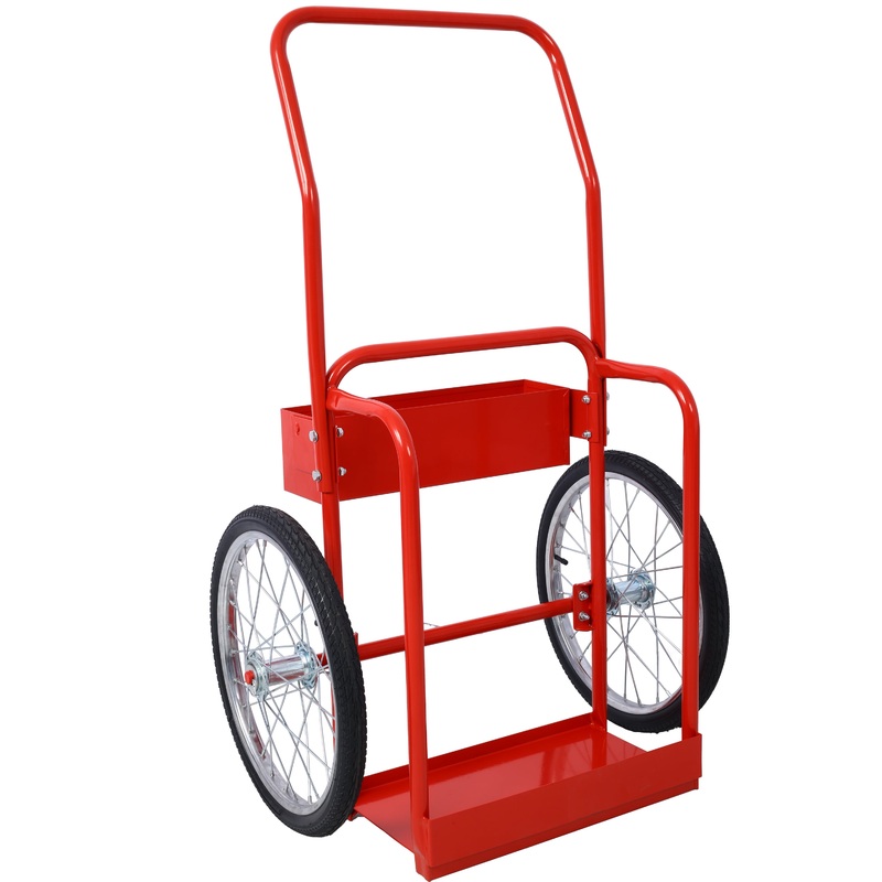Large Dual Oxygen Tank Cart Dolly with Double Cylinder 20 Pneumatic Wheels Two Fastening Belts–Red