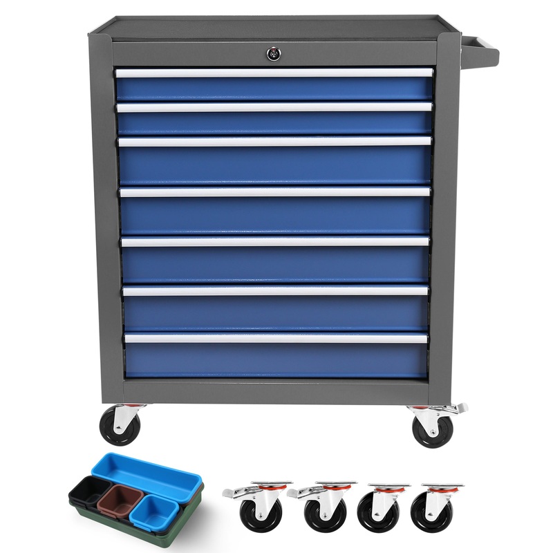 Multifunctional Mechanic Rolling Tool Chest Storage Cabinet with 7-Drawer Wheels–Blue Gray