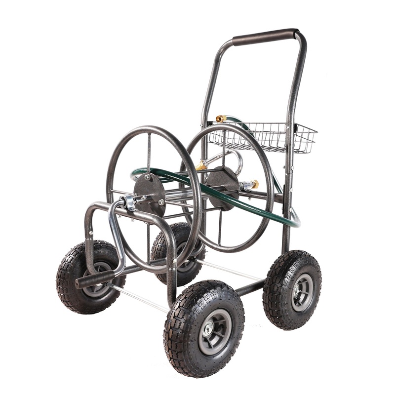 4 Wheels Portable Water Hose Reel Cart with Storage Basket Heavy Duty Steel