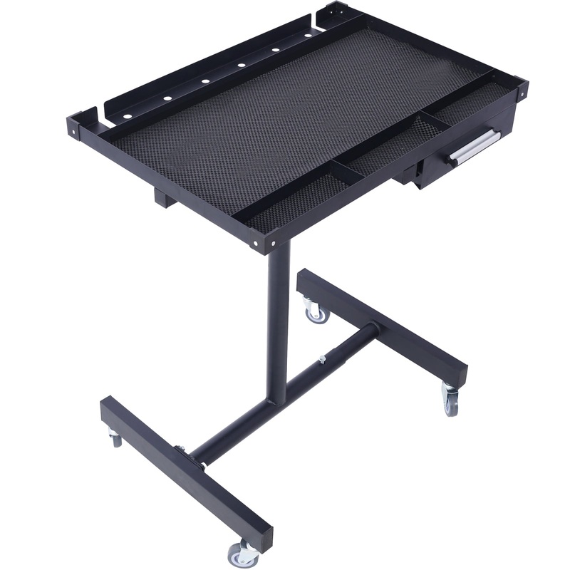 Adjustable Tear Down Work Table with Drawer (4) 2.5 Swivel Casters 220 Lbs Capacity Rubber Corners Heavy Duty Steel–Black