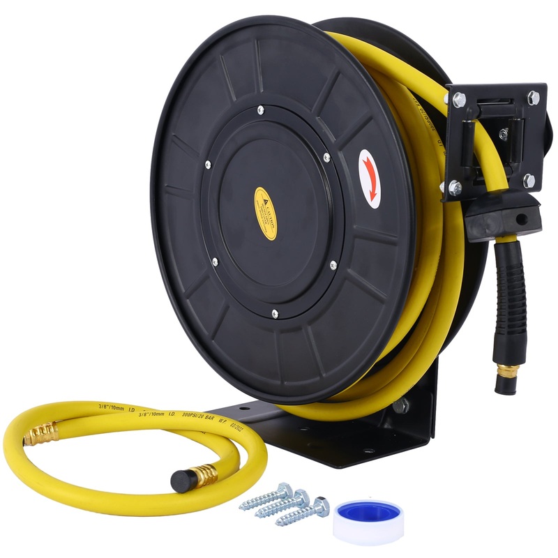 Air Reel Retractable 3/8 Inch x 50′ Feet Flex Hybrid Polymer Hose Max 300 PSI Heavy Duty Steel Frame