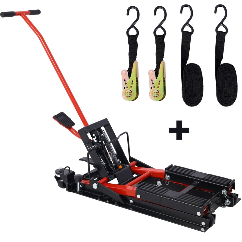 Hydraulic Motorcycle Lift Jack 1500 LBS Capacity Scissor Portable Table with 4 Wheels Foot-Operated Hoist Stand with Tie Down