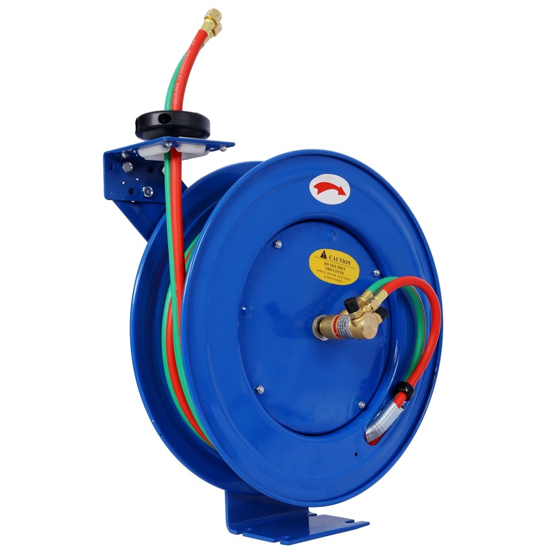 Welding Hose Reel Retractable 1/4 Inch x 50 Foot Twin Oxygen Acetylene Rubber STD Max 200PSI Heavy Duty Single Arm Construction