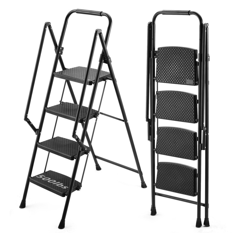 Four Step Ladder Folding Stool Wide Anti Slip Pedal Steel–Black