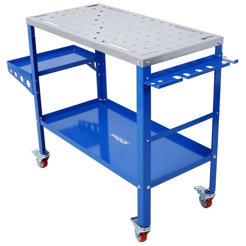 Welding Workbench on Wheels 36×18 1200lbs Capacity Steel  Portable with Braking Lockable Casters Tool Slots 5/8-inch Fixture Holes Tray Blue