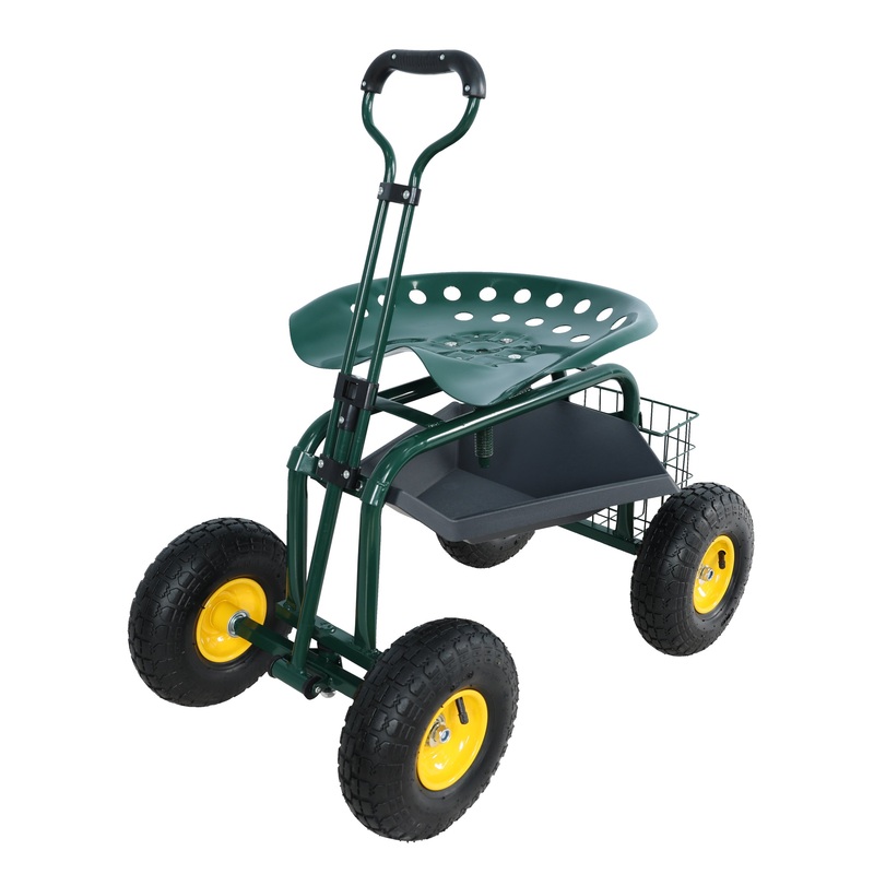 Garden Trolley 360 Degree Swivel Seat with Steering Handle and Utility Tray–Green