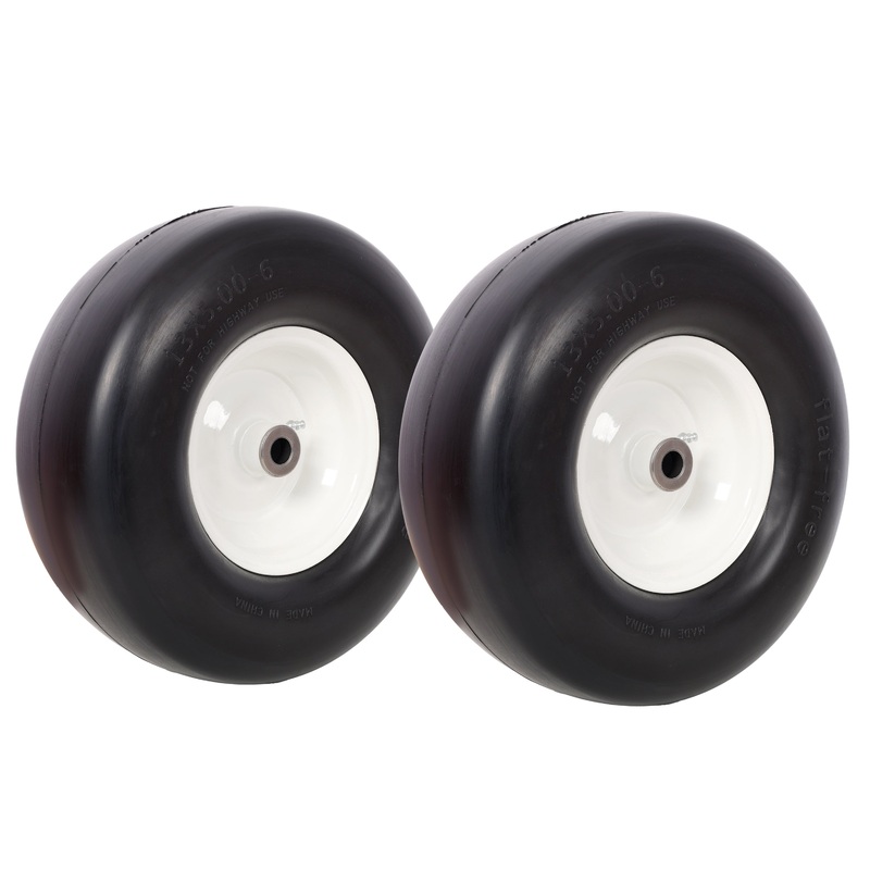 2PCS 13×5.00-6′ Flat Free Lawn Mower Tires Smooth Tread 3/4′ Bearing 3′ Central Hub 500 LB Capacity per pc.