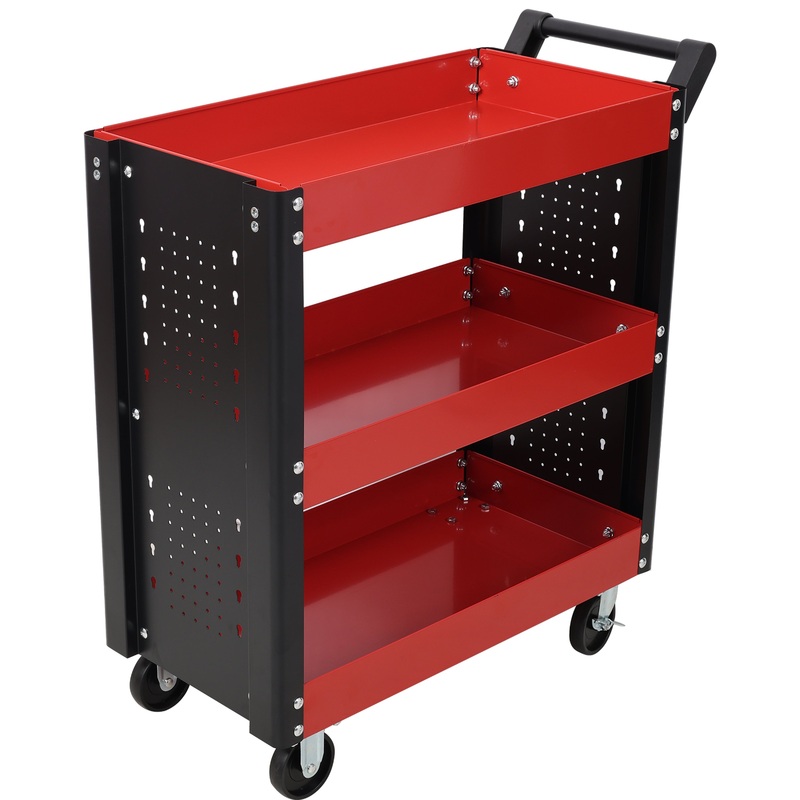 3 Tier Rolling Tool Cart on Wheels with Pegboard Heavy Duty Utility–Red