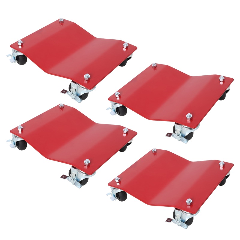 4-Pack Heavy Duty Steel Vehicle Dollies with Brakes 2500lbs Capacity–Red