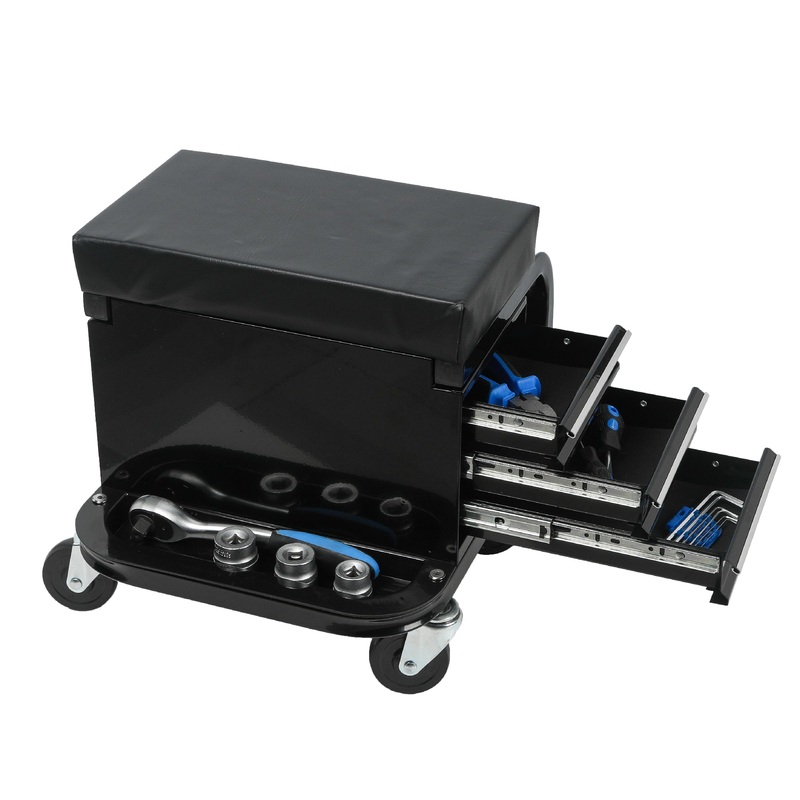 Rolling Creeper Garage Seat with 3 Built-in Drawers–Black