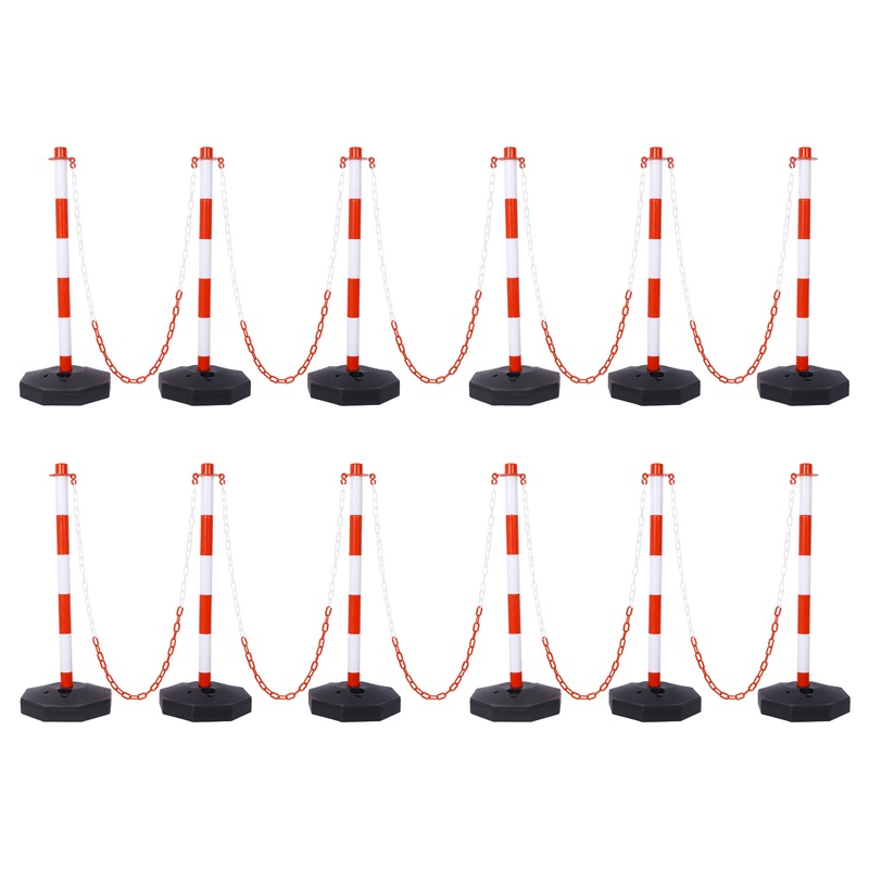 12 Pack Traffic Delineator Post Cones with Fillable Base Adjustable Safety Barrier with 5Ft Plastic Chain–White+Red