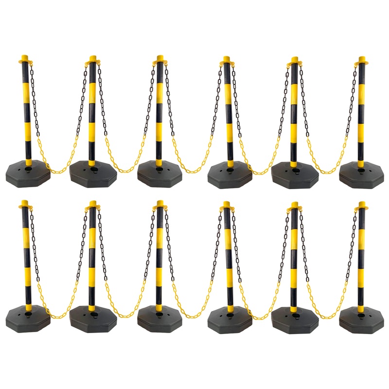 12 Pack Traffic Delineator Post Cones with Fillable Base Adjustable Safety Barrier with 5Ft Plastic Chain–Yellow+Black