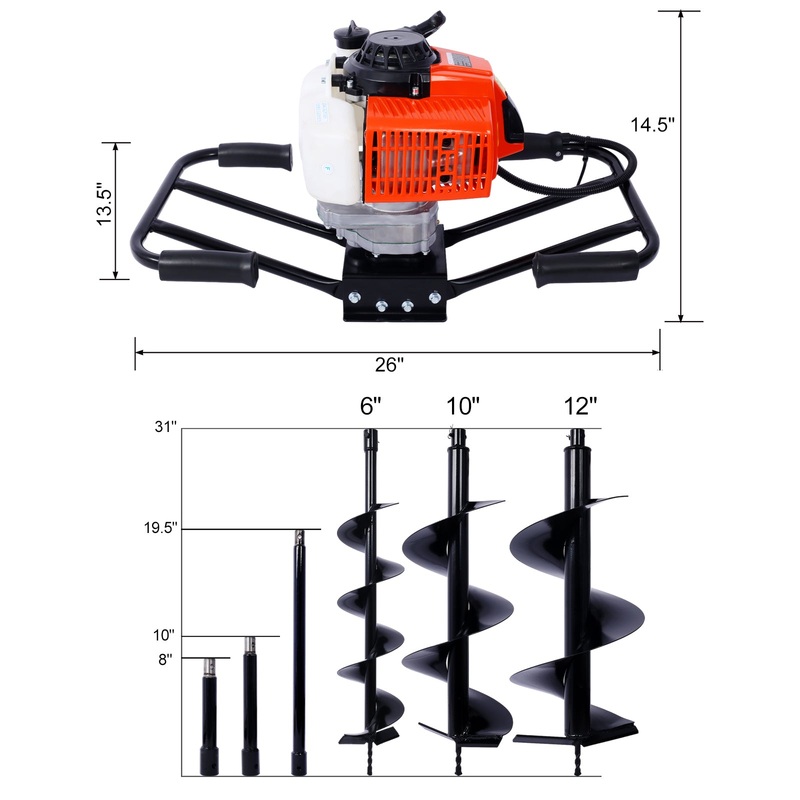 2.7HP Post Hole Digger 63cc Two Person Handle Gas-Powered 2-Stroke Auger Digging Drill Shaft Size 3/4 (Machine Only) EPA COMPLAINT With L4+L6+L8 DRILL BITS+EXT ROD KITS