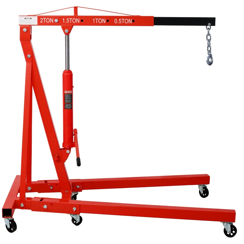 2 Ton Folding Engine Hoist Cherry Picker Shop Crane Lift Heavy Duty Steel with 6 Iron Caster Wheels–Red