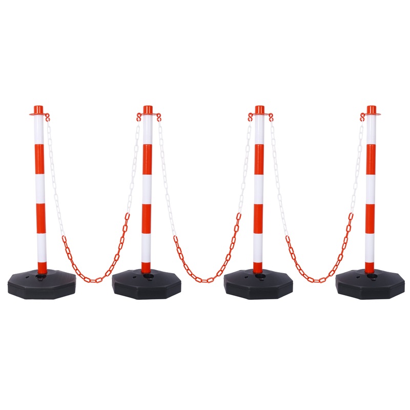 4 Pack Traffic Delineator Post Cones with Fillable Base Adjustable Safety Barrier with 5Ft Plastic Chain–White+Red