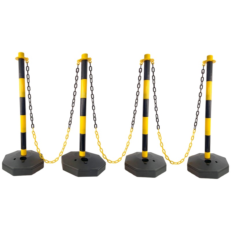 4 Pack Traffic Delineator Post Cones with Fillable Base Adjustable Safety Barrier with 5Ft Plastic Chain–Yellow+Black