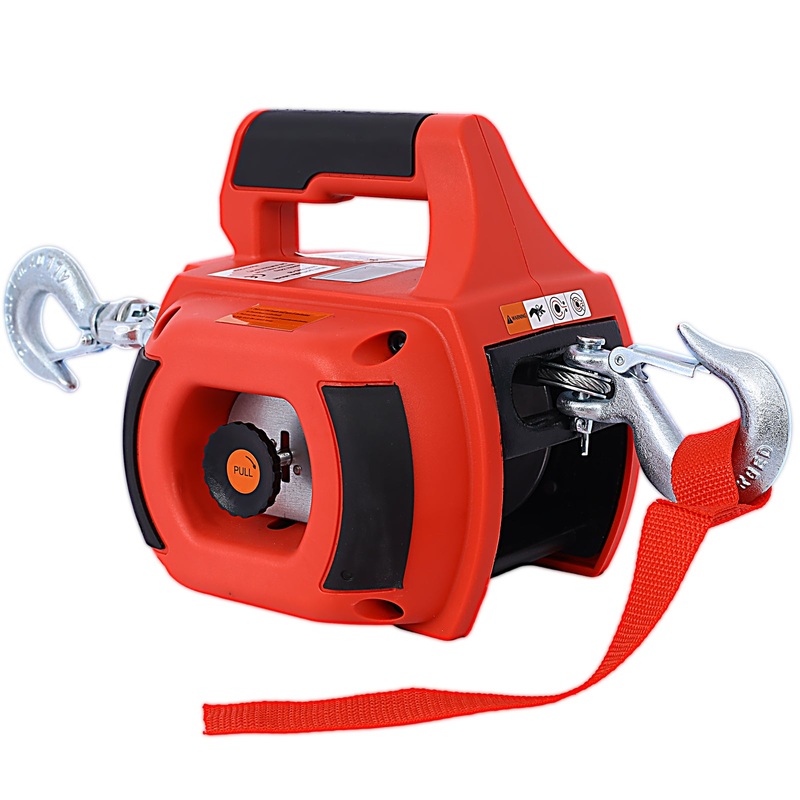 Drill Winch Hoist Portable 750 LB Capacity with 40 Feet Steel Wire–Red