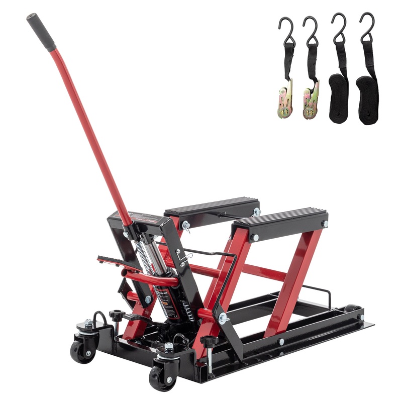 Hydraulic Motorcycle Lift Jack 1500 LBS Capacity Foot Operated Table ATV Scissor with 4.5 15 Lifting Range Portable with Wheels–Red