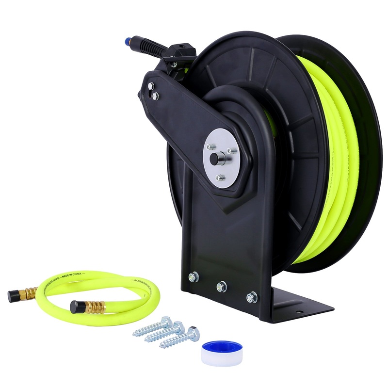 Retractable Air Hose Reel With 3/8 Inch x 50′ Ft Heavy Duty Steel Auto Rewind Pneumatic Industrial Grade Rubber 300 PSI–Black