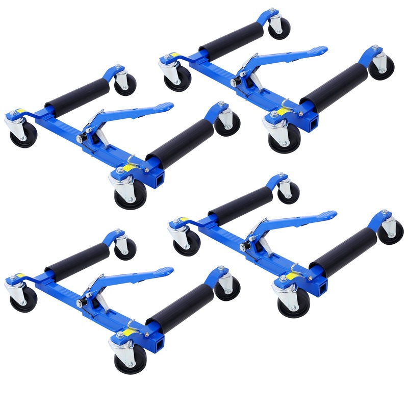 Set of 4Wheel Dolly Car Skates Vehicle Positioning Hydraulic Tire Jack Ratcheting Foot Pedal Lift Hydraulic Car Wheel Dolly 1250lbs–Blue