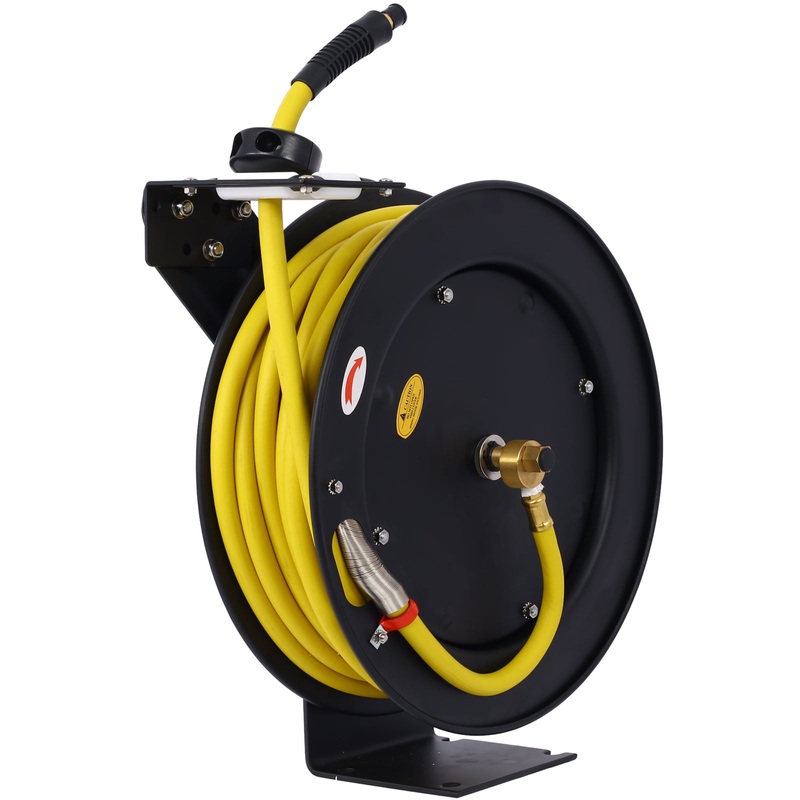 Air Hose Reel Retractable 3/8 Inch x 50′ Foot SBR Rubber Max 300PSI Heavy Duty Industrial Steel Single Arm Construction