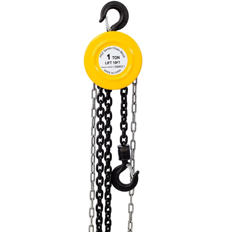 Chain Hoist 2200lbs 1T Capacity 10ft with 2 Heavy Duty Hooks Manual Steel Construction–Yellow
