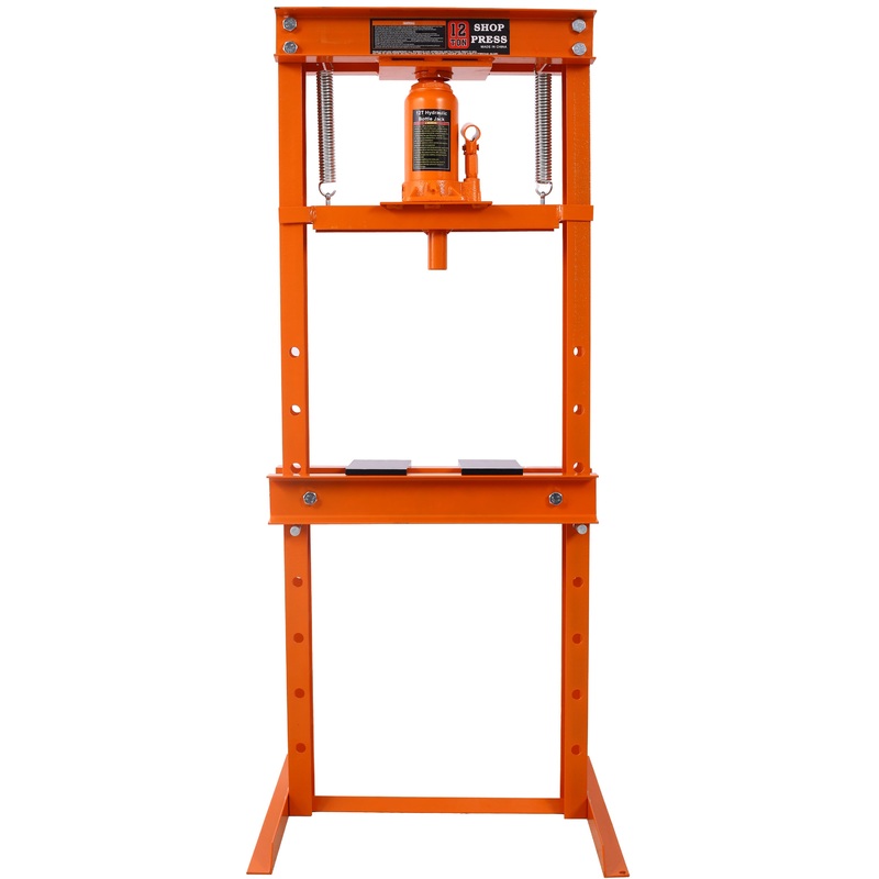 Hydraulic Shop Press 12-Ton Capacity Floor Mount with Press Plates H-Frame Garage Adjustable Working Table Height–Orange
