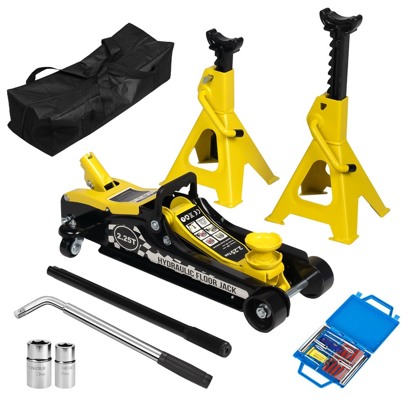 Lifting Range 3.35-14.17 2.25 Ton Hydraulic Floor Jack 3 Ton Jack Stands Tire Repair kit Low Profile Service 4960 LB Capacity Double Locking Pins–Yellow