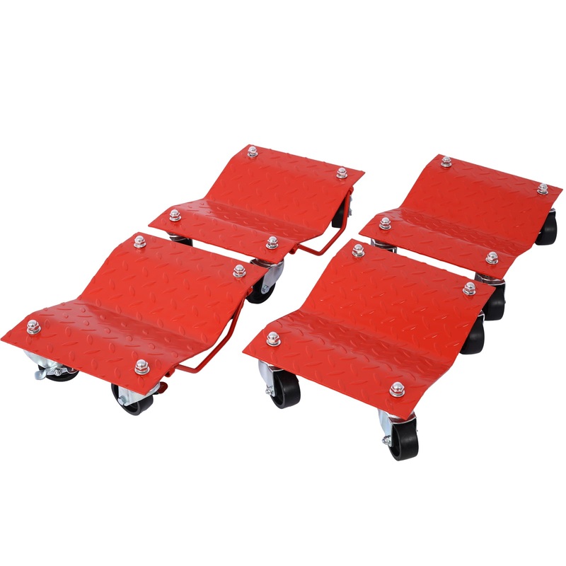 Set of 4 Heavy Duty 4 Tire Wheel Dolly Car Stakes 6000lbs Capacity–Red