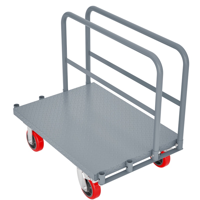 Steel Panel Truck Heavy Duty Drywall Lumber Cart Platform Flat 2000lbs 6 Swivel Brake Casters with 1 Front and 2 Side Handrails 36”x24”–Grey