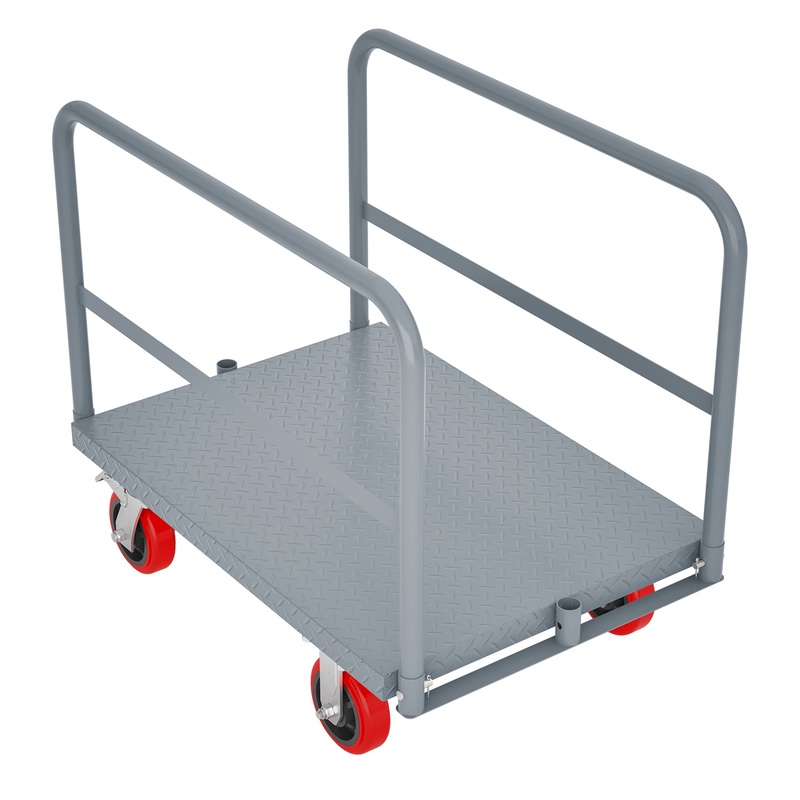 Steel Panel Truck Heavy Duty Drywall Lumber Cart Platform Flat 2000lbs 6 Swivel Brake Casters with 3 Side Handrails 36 x 24–Grey