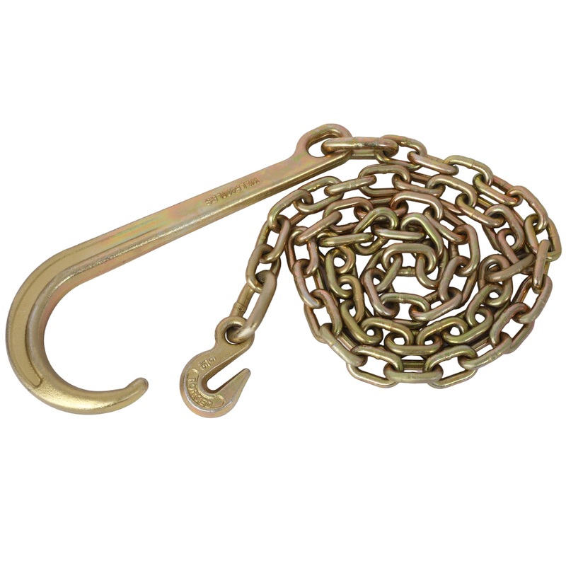 Tow Chain with 15 Inch Forged J Hook and Grab Hook Grade 70 Chain 6 Foot 4,700 Pound Safe Working Load