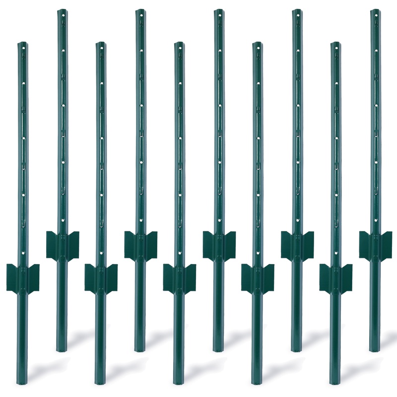 3Feet 10Pack Heavy Duty Metal Fence Post with U-Channel Steel U-Post for Holding Garden Wire Corner Anchor–Green