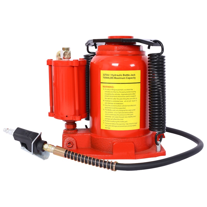 Air Hydraulic Bottle Jack 32 Ton/70550 LBS All Welded 10-16.3 inch Lifting Range Manual Handle and Air Pump–Red