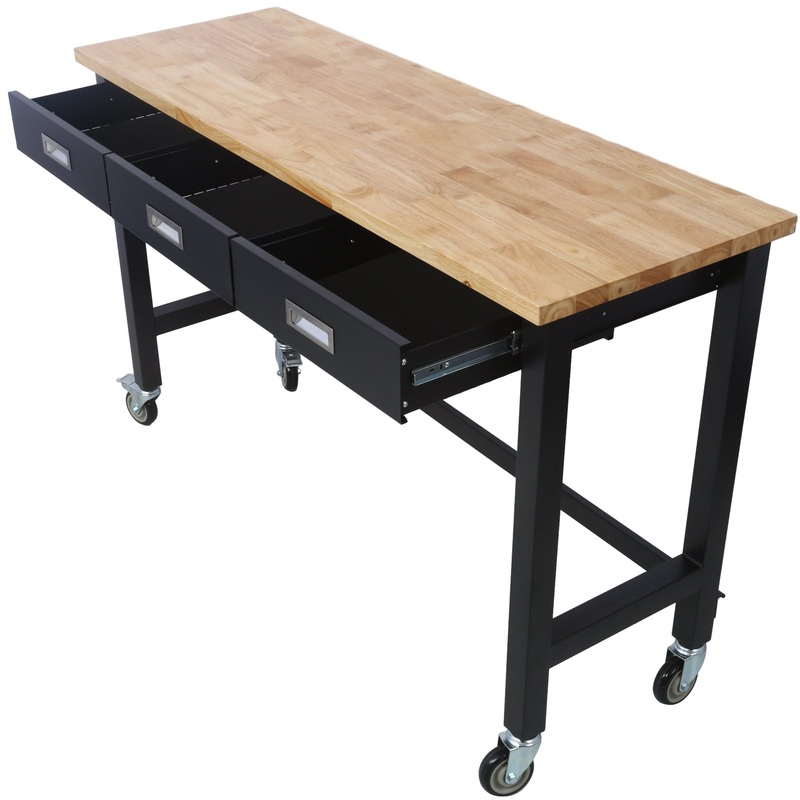 60 inch Workbench with Drawer Storage Heavy Duty Bamboo Wood Work Table with Wheels