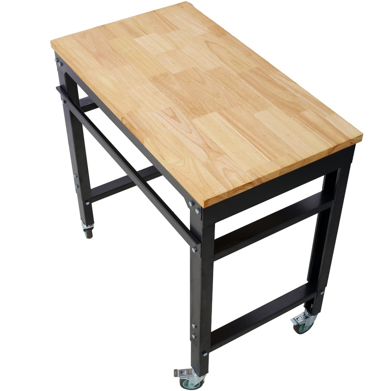 35′ Wide Rolling Workbenches with Rubber Wood Top Black Hammertone Leg Adjustable Height Metal