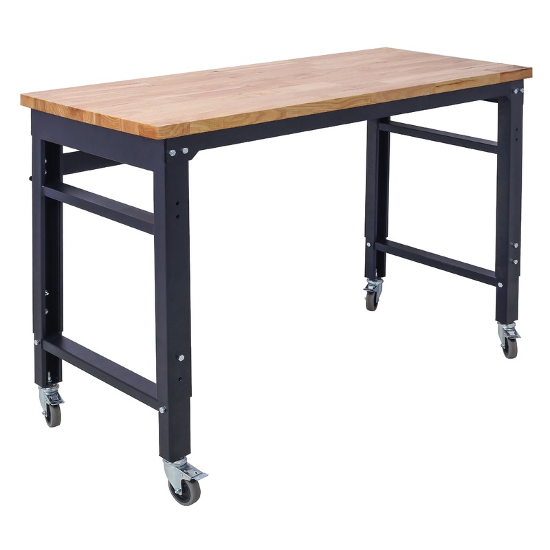 48′ Wide Rolling Workbench Adjustable Height Metal with Rubber Wood Top