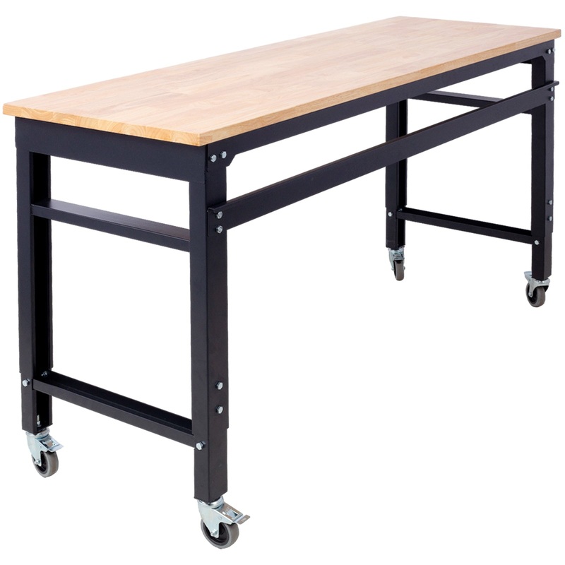 60′ Wide Rolling Workbench Adjustable Height Metal with Rubber Wood Top