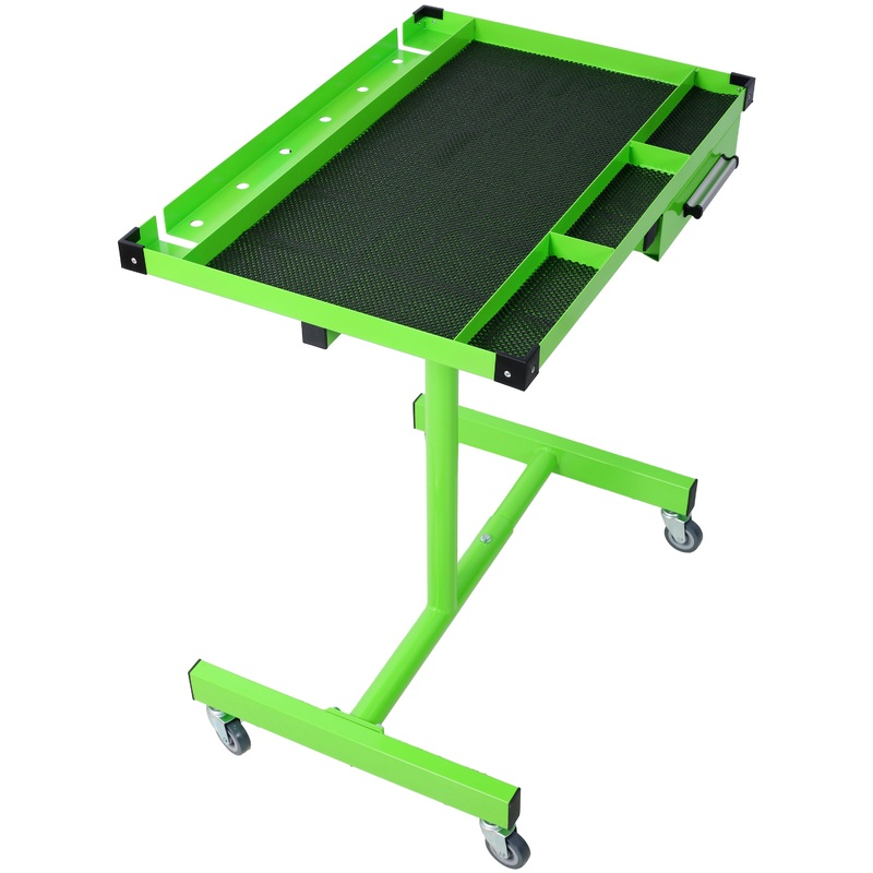 Adjustable Work Table with Drawer Portable (4) 2.5′ Swivel Casters 220 Lbs Capacity Rubber Corners Heavy Duty Steel–Green