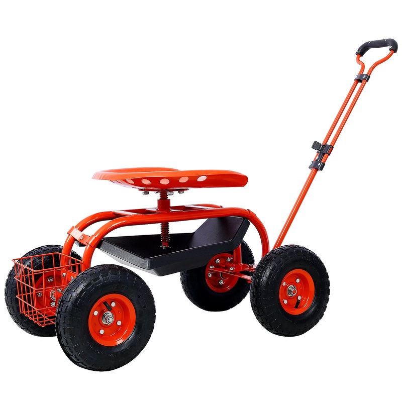 Rolling Garden Scooter Cart Seat with Wheels and Tool Tray 360 Swivel Seat–Red
