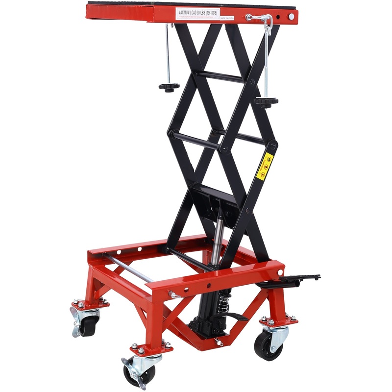 300 lbs Hydraulic Motorcycle Scissor Jack Lift Foot Step Wheels–Red